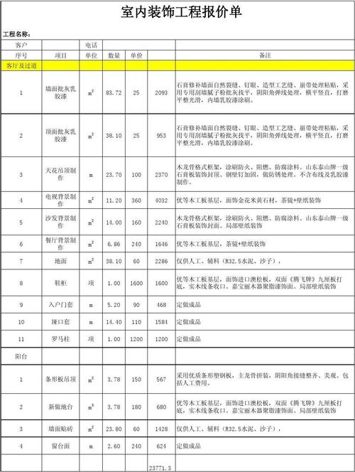 广州室内装修施工价格表
